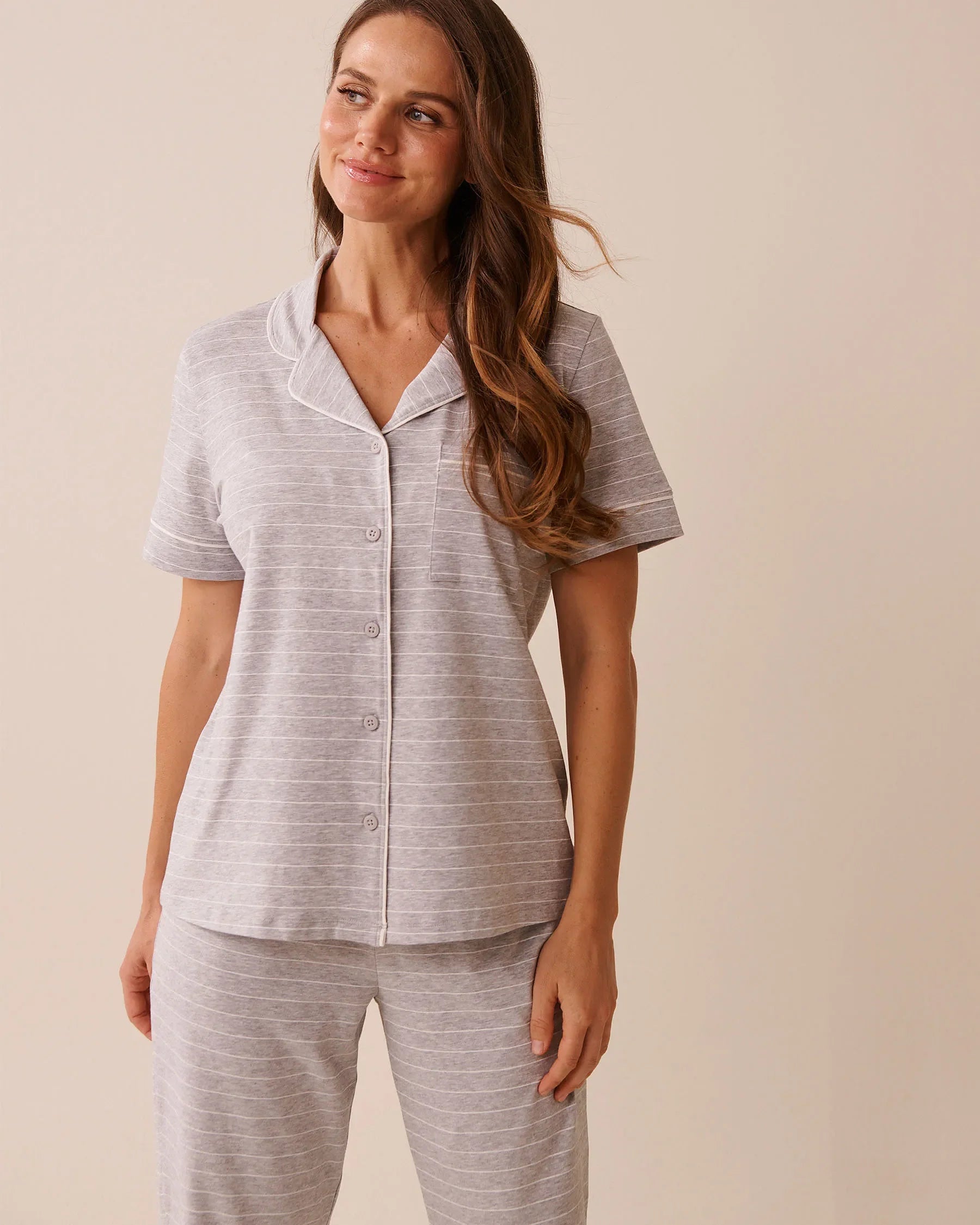 La Vie en Rose_Comfy Grey Mix Big Stripe_Cotton Short Sleeve Button-Down Shirt_40100783_P00452_03