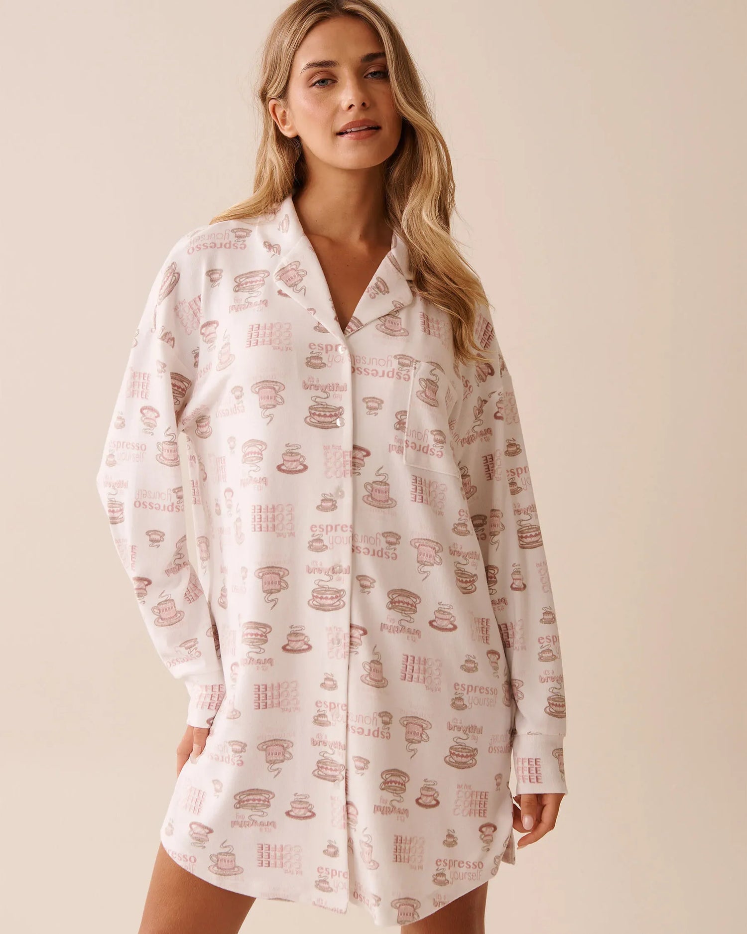 La Vie en Rose_Snow White Espresso_Espresso Print Recycled Fibers Button-Down Sleepsh_40500447_P10525_01