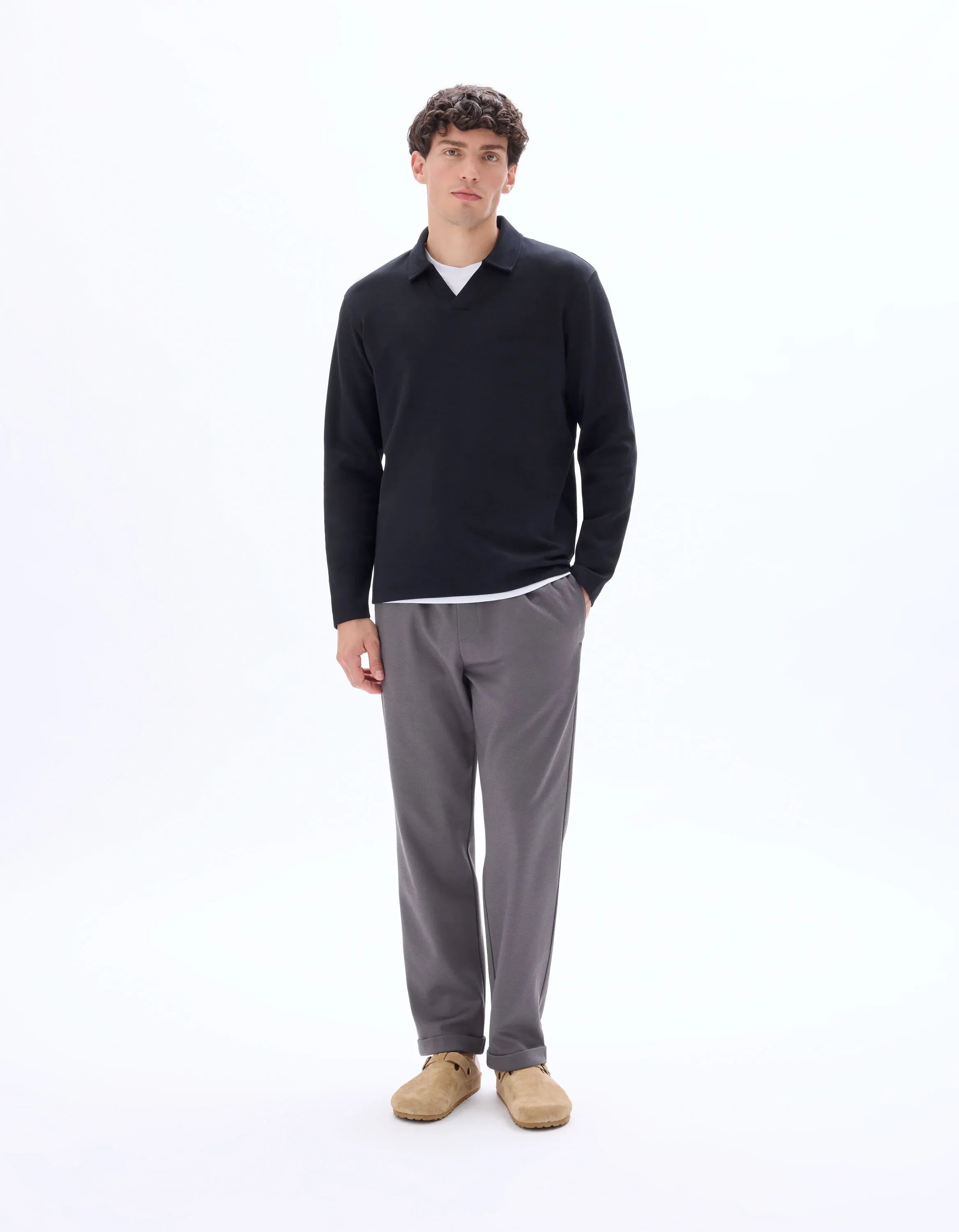 Celio_Black_Regular Long-Sleeved Jersey Polo Shirt_MEDORT_BLACK_01