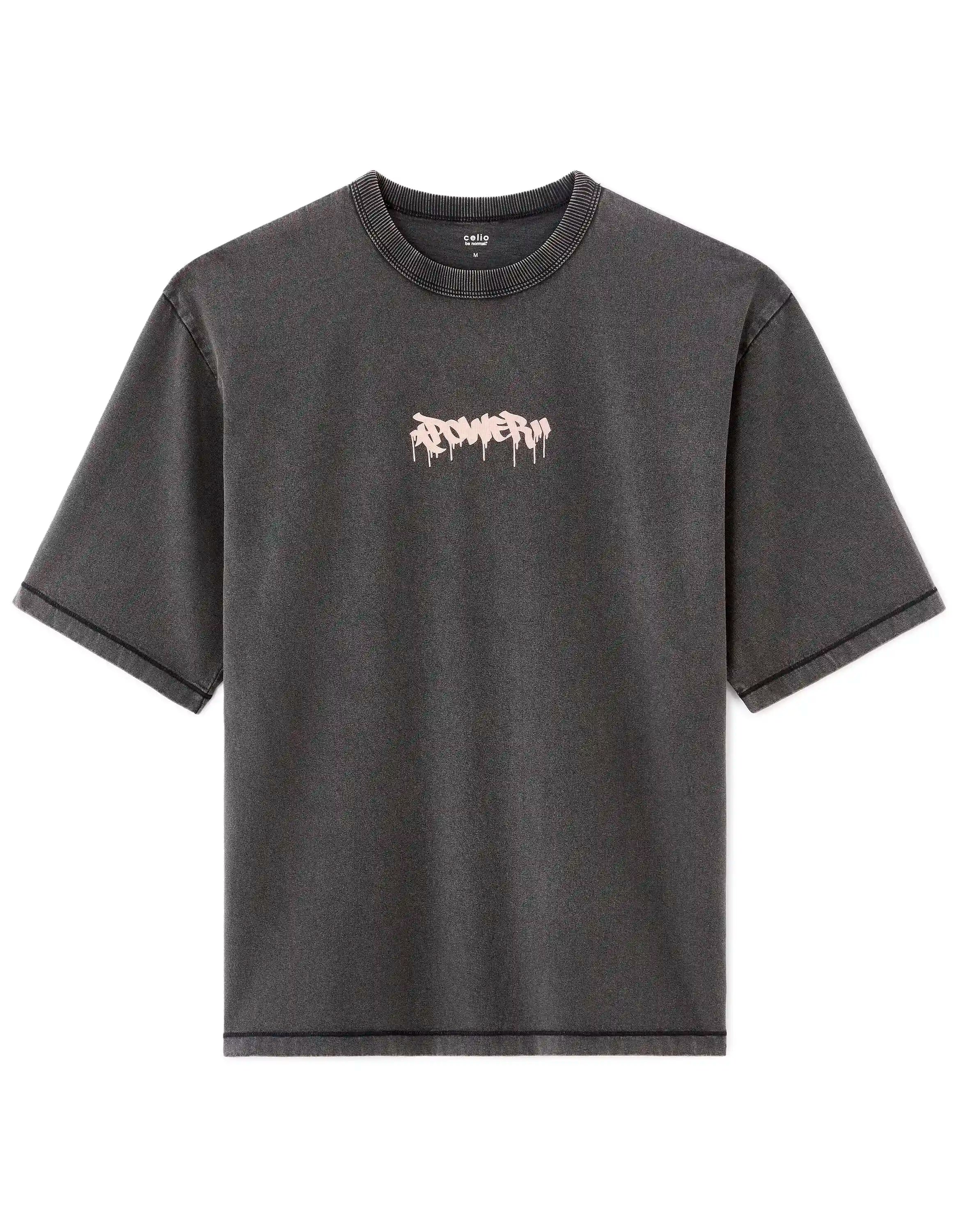 Celio_Black_Oversized Crew Neck T-Shirt in 100% Cotton with Print_MEVACAY_BLACK_07