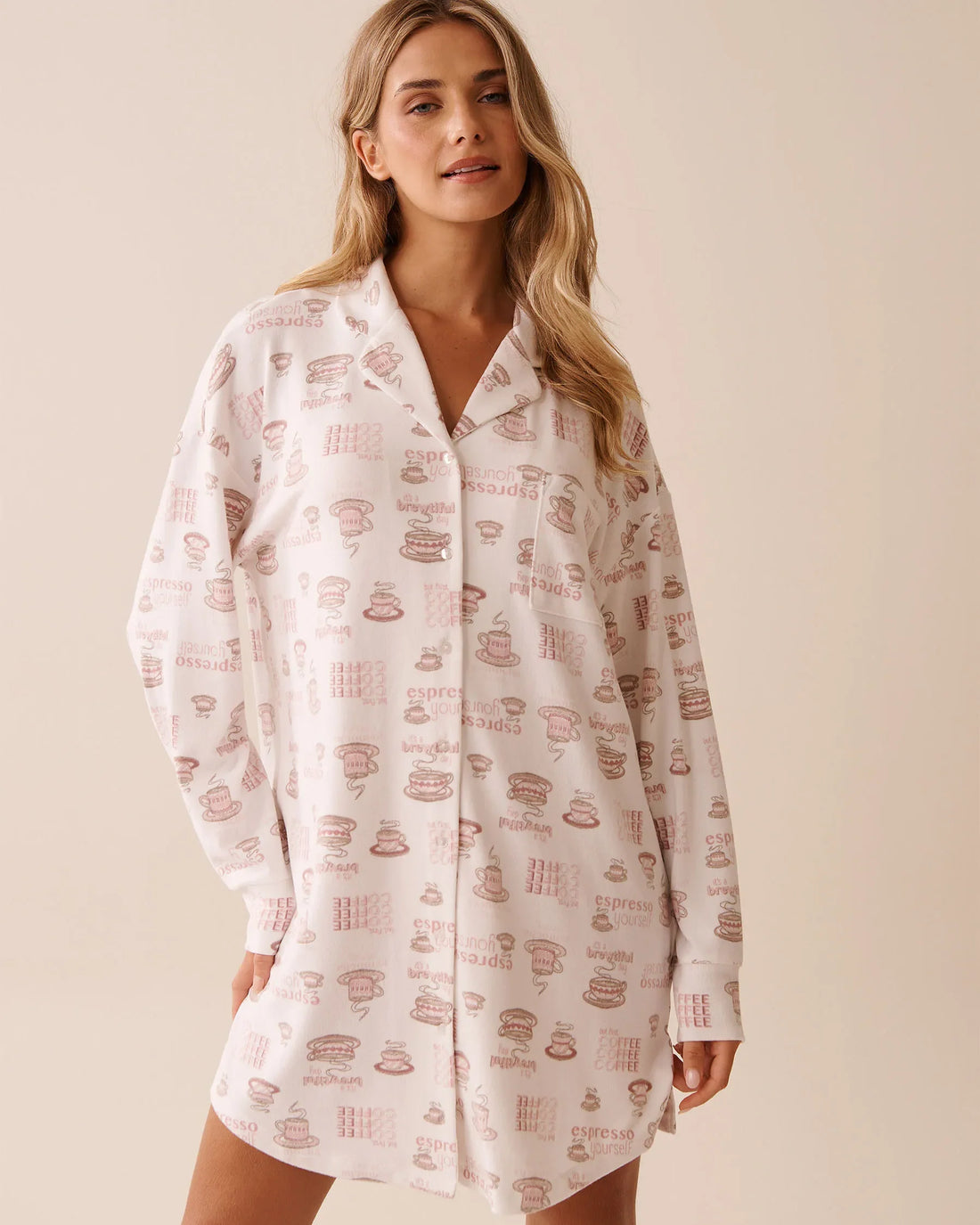 La Vie en Rose_Snow White Espresso_Espresso Print Recycled Fibers Button-Down Sleepsh_40500447_P10525_01