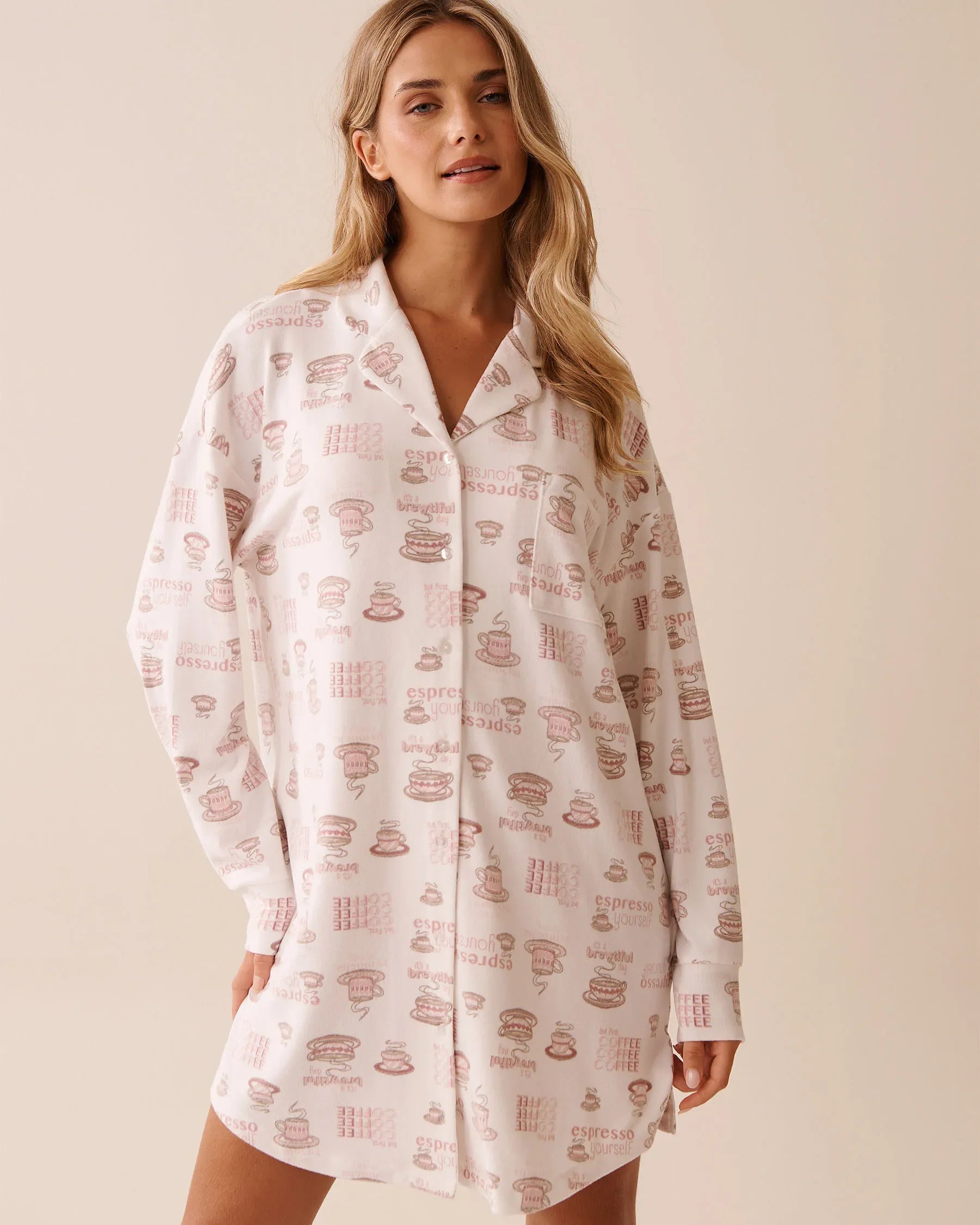 La Vie en Rose_Snow White Espresso_Espresso Print Recycled Fibers Button-Down Sleepsh_40500447_P10525_01