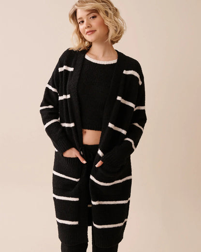 La Vie en Rose_Black &amp; Snow Stripes_Chenille Long Cardigan_50500016_P00450_01