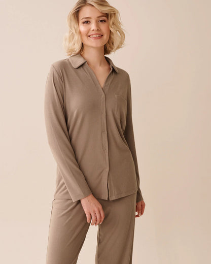 La Vie en Rose_Cinder_Ribbed Modal Button-Down Shirt_60100152_00011_01