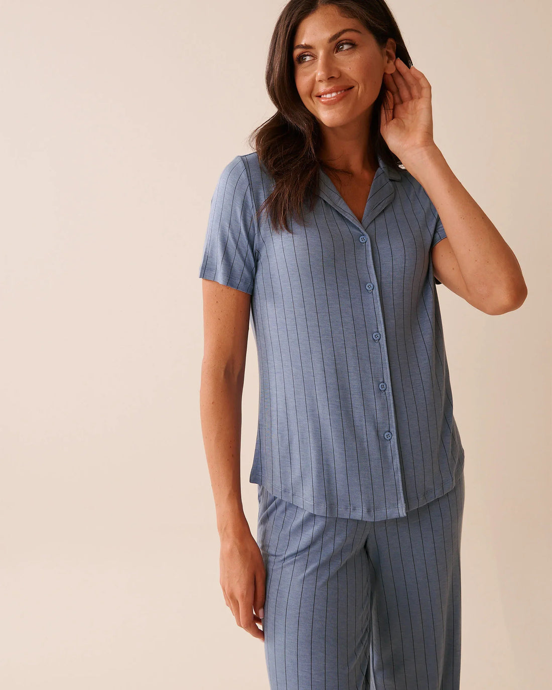 La Vie en Rose_Stonewash Stripes_Striped Soft Jersey Short Sleeve Button-Down Shirt_60100158_P40489_01