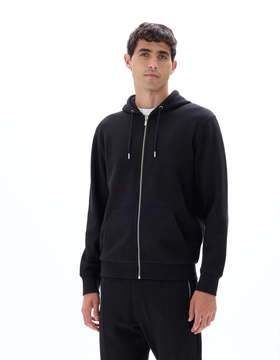 Celio_Black_Regular-Fit Pique Zip-Up Hoodie_LEPIQUET_BLACK_01